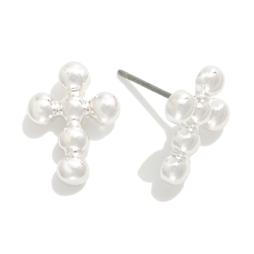 Metal Silver Tone Bead Cross Earrings