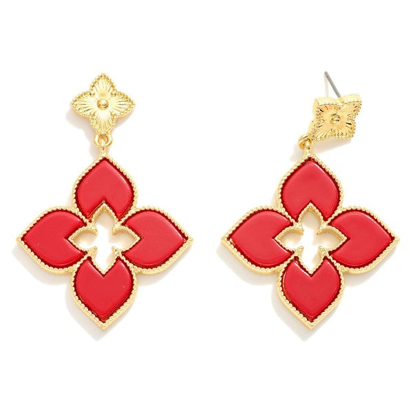 Red Textured Metal Clover Post Featuring Linked Clover Drop Earrings Red