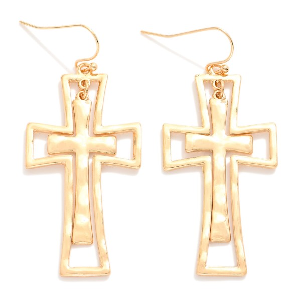Nesting Hammered Metal Cross Drop Earrings Gold