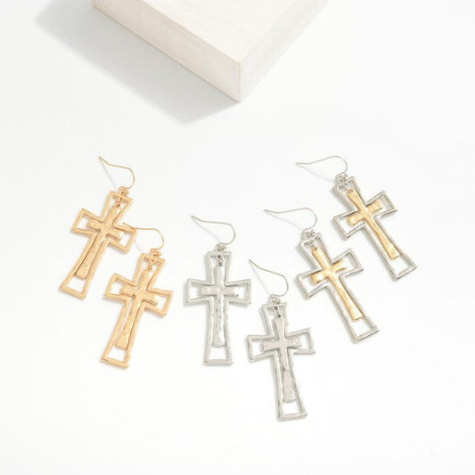 Nesting Hammered Metal Cross Drop Earrings