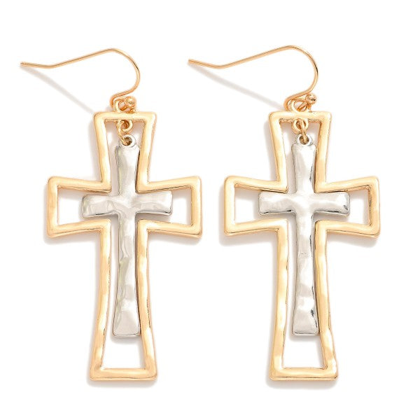 Nesting Hammered Metal Cross Drop Earrings Gold Silver