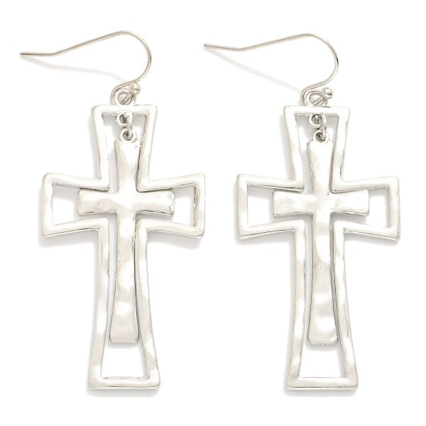 Nesting Hammered Metal Cross Drop Earrings Silver