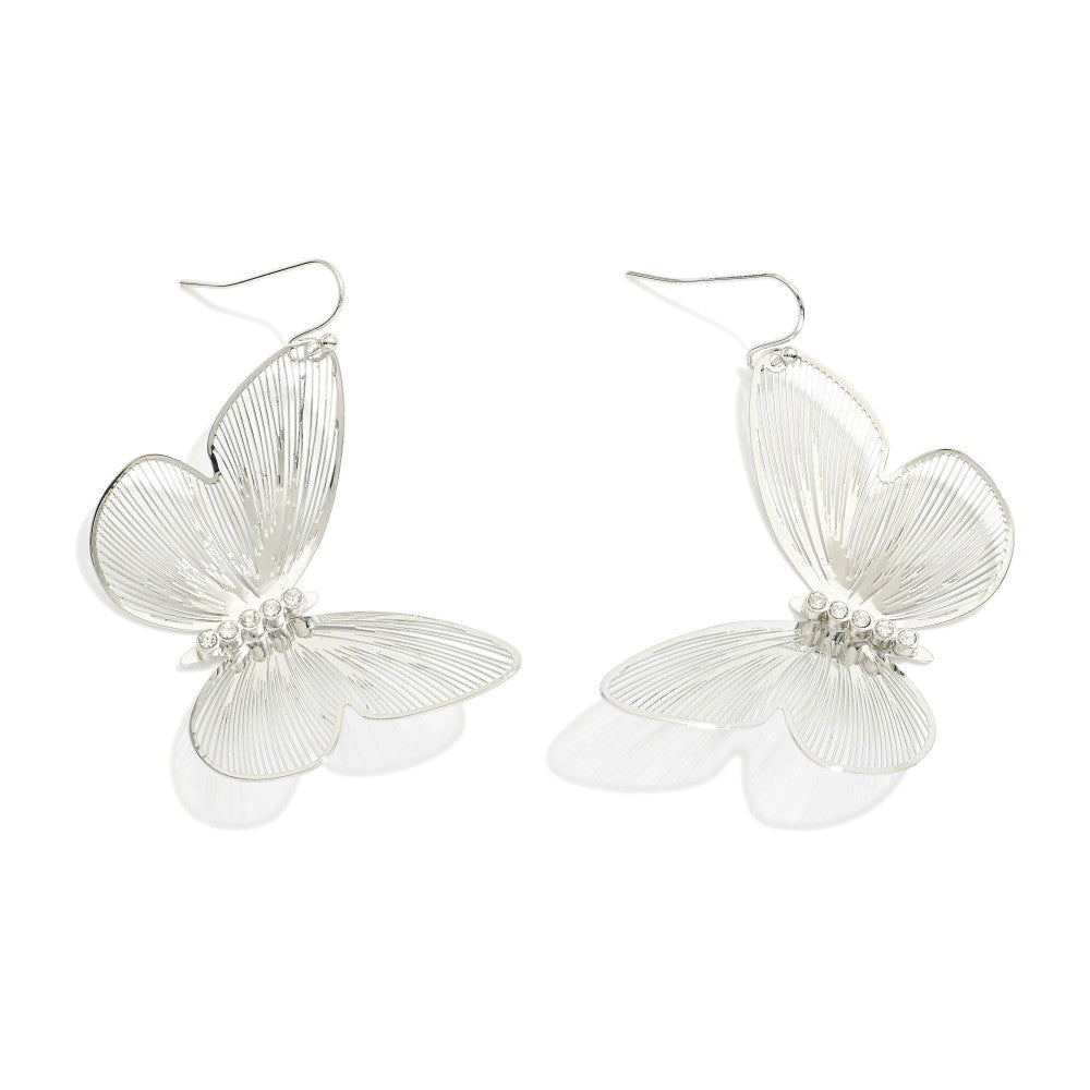 Metal Tone Butterfly Drop Earring With Cut Out Details & Rhinestones Silver