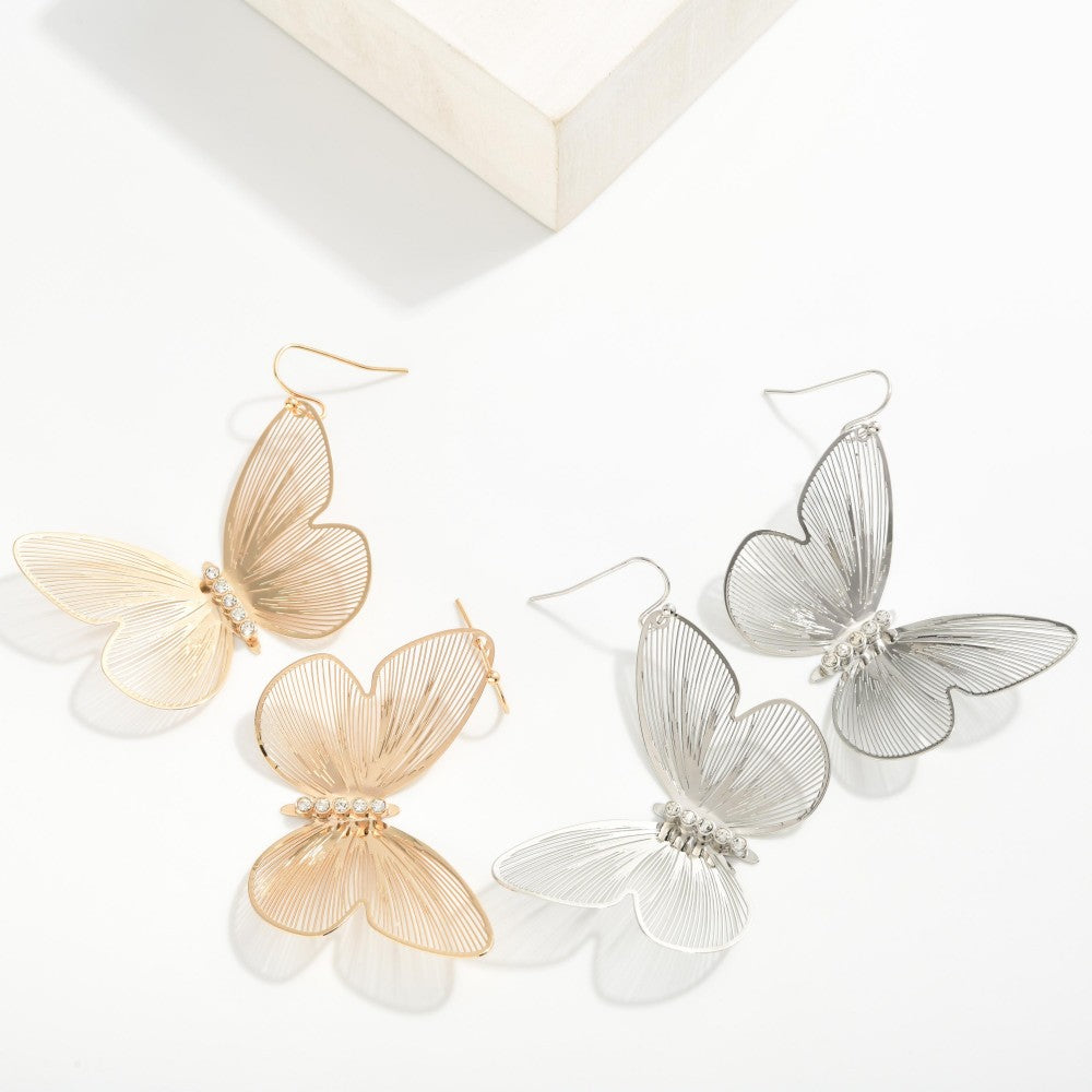 Metal Tone Butterfly Drop Earring With Cut Out Details & Rhinestones