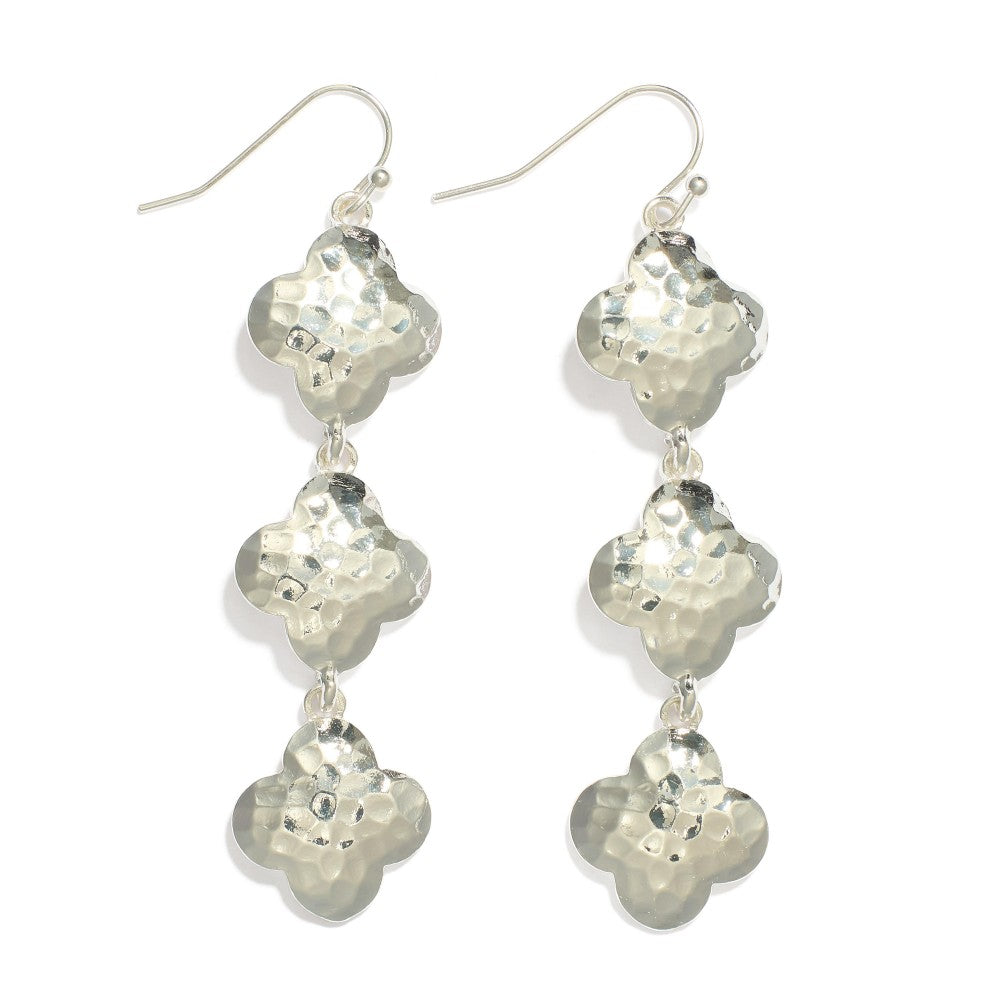 Linked Hammered Metal Clover Drop Earrings Silver