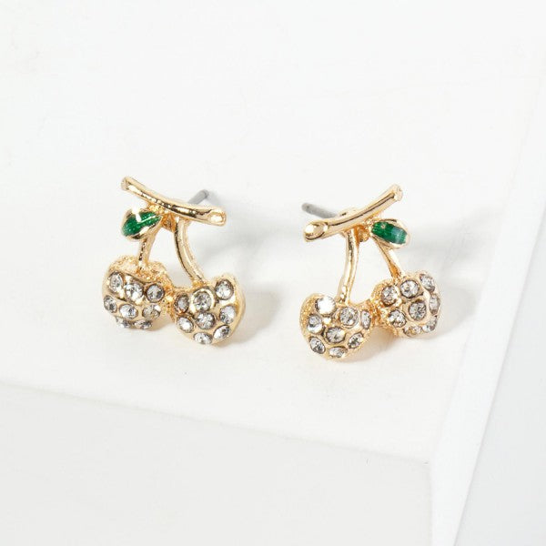 Pave Rhinestone Cherries Stud Earrings Gold Crystal