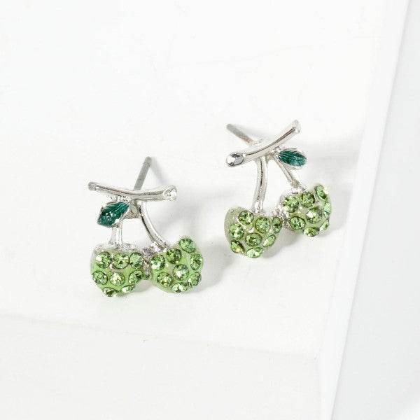 Pave Rhinestone Cherries Stud Earrings peridot