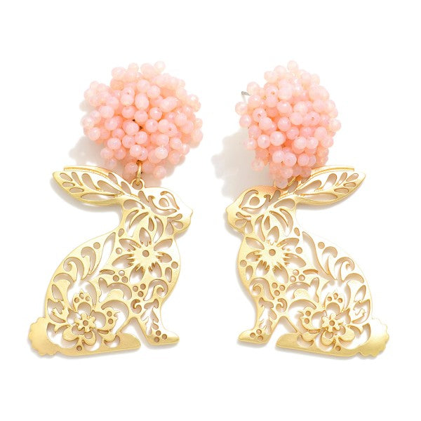 Easter Bunny Post Drop Earrings With Floral Cutouts & Bead Cluster Post Blush