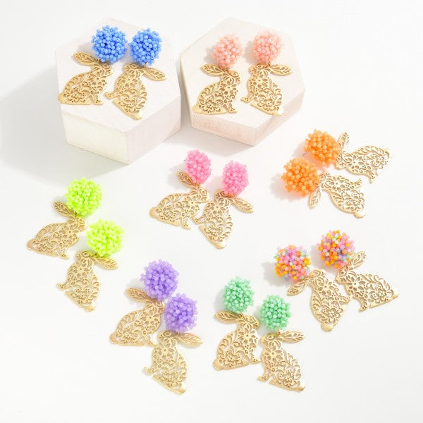 Easter Bunny Post Drop Earrings With Floral Cutouts & Bead Cluster Post