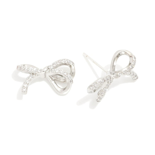 Rhinestone Studded Metal Tone Bow Stud Earrings Silver