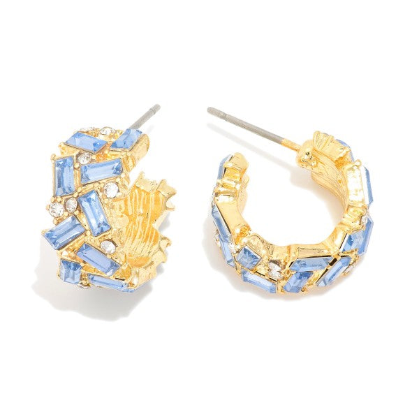 Emerald Cut Rhinestone Studded Hoop Earrings Blue