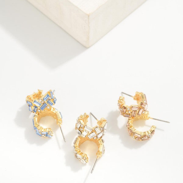 Emerald Cut Rhinestone Studded Hoop Earrings