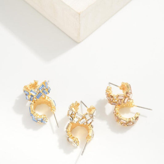 Emerald Cut Rhinestone Studded Hoop Earrings