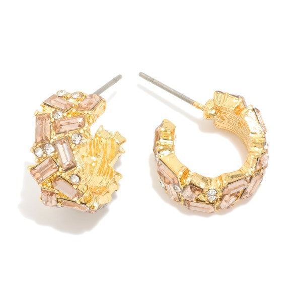 Emerald Cut Rhinestone Studded Hoop Earrings Amber