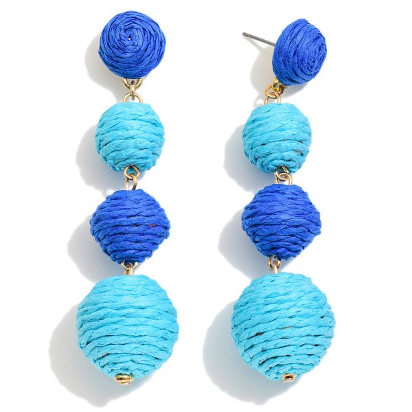 Linked Raffia Wrapped Balls Post Drop Earrings Blue