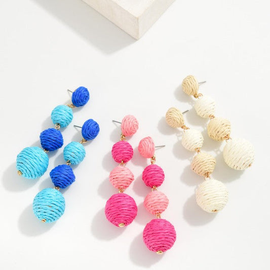Linked Raffia Wrapped Balls Post Drop Earrings