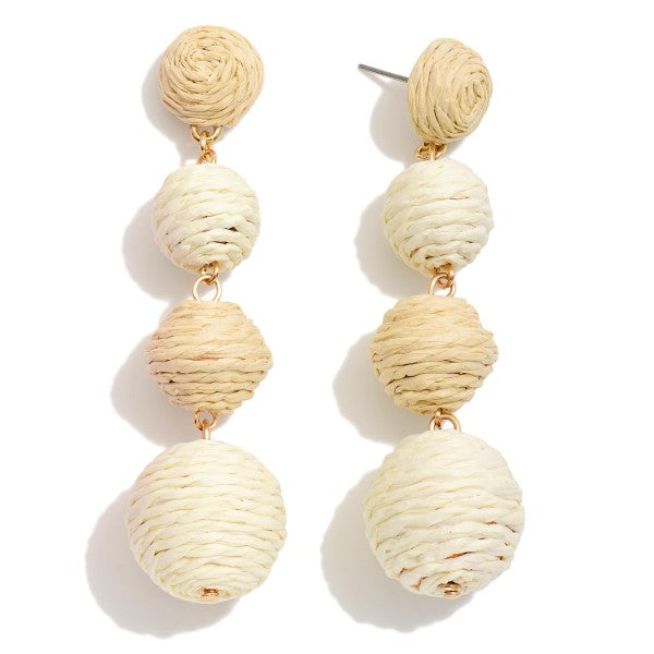 Linked Raffia Wrapped Balls Post Drop Earrings Natural