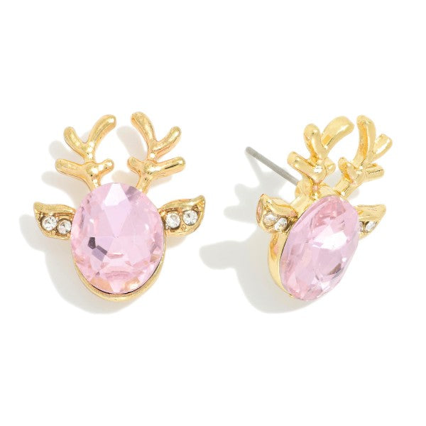 Rhinestone Reindeer Head Stud Earrings Pink