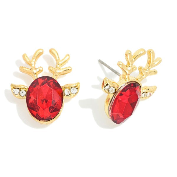 Rhinestone Reindeer Head Stud Earrings Red