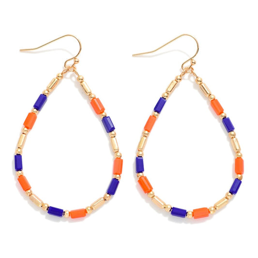 Beaded Teardrop Drop Earrings Featuring Glass Crystal & Metal Tones Cobalt Orange