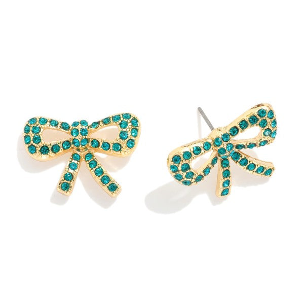 Metal Tone Rhinestone Studded Bow Earring Green
