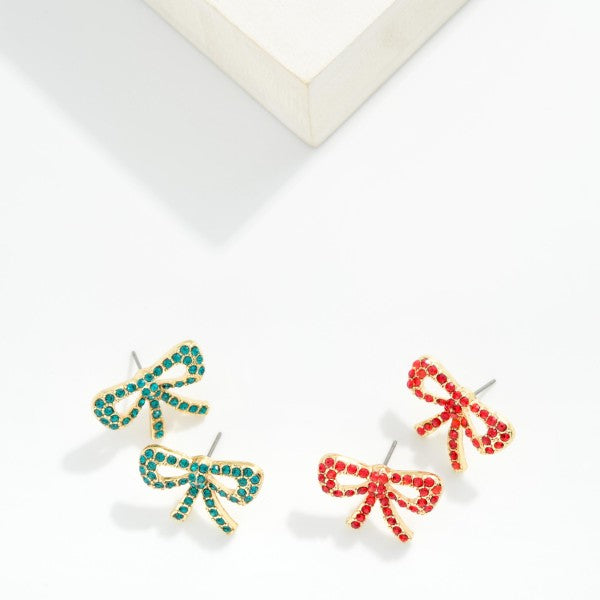 Metal Tone Rhinestone Studded Bow Earring