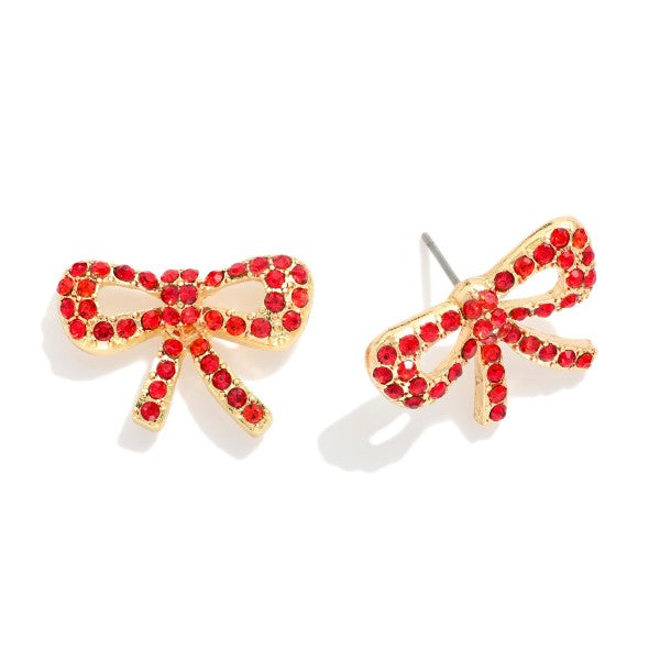 Metal Tone Rhinestone Studded Bow Earring Red