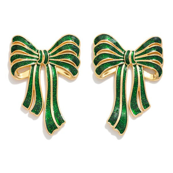 Metal Tone Glitter Acetate Bow Post Drop Earrings Green