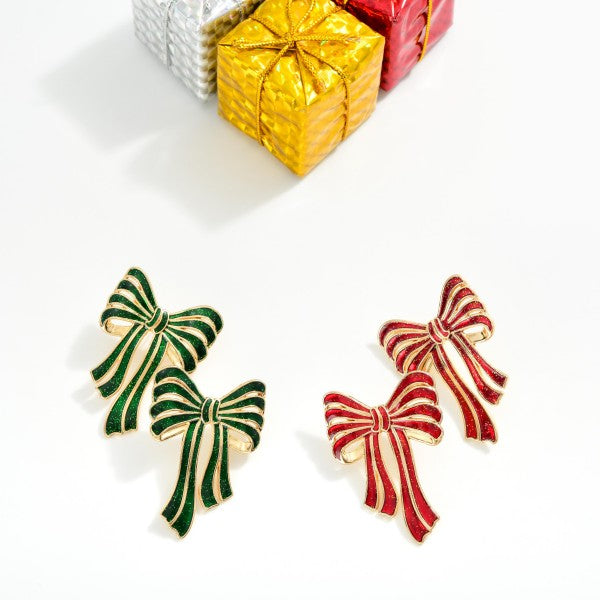 Metal Tone Glitter Acetate Bow Post Drop Earrings