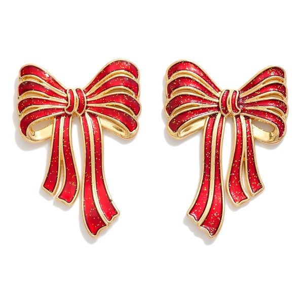 Metal Tone Glitter Acetate Bow Post Drop Earrings Red