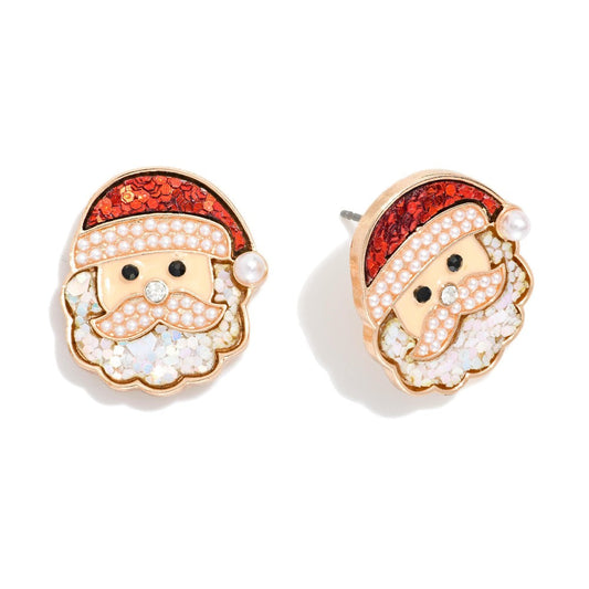 Glitter & Pearl Enamel Santa Post Drop Earrings