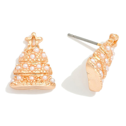 Christmas Tree Stud Earrings Featuring Pearl Accents