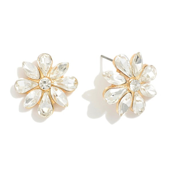 Rhinestone Flower Post Drop Earrings Gold Clear