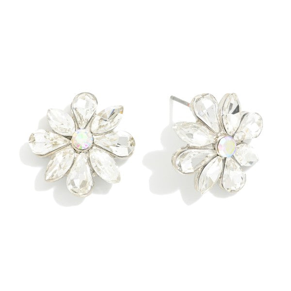 Rhinestone Flower Post Drop Earrings Silver Clear