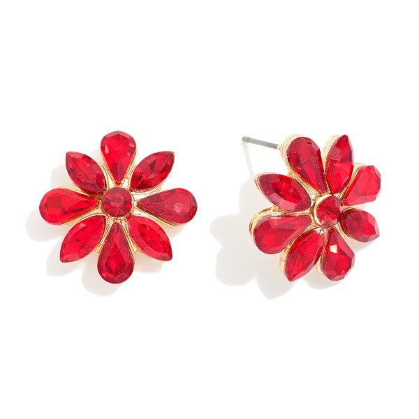 Rhinestone Flower Post Drop Earrings Red