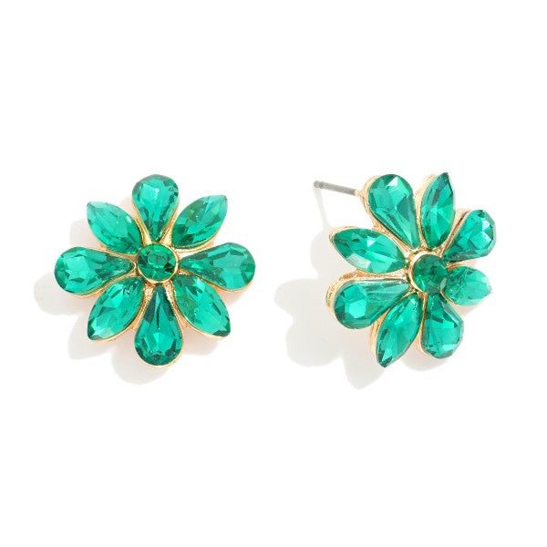 Rhinestone Flower Post Drop Earrings Green