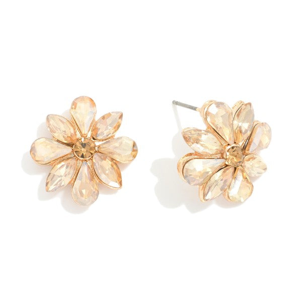 Rhinestone Flower Post Drop Earrings Champagne
