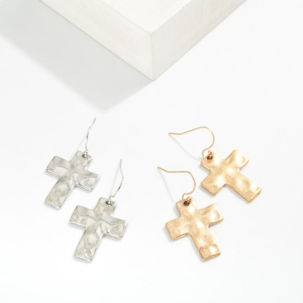 Hammered Metal Cross Drop Earrings