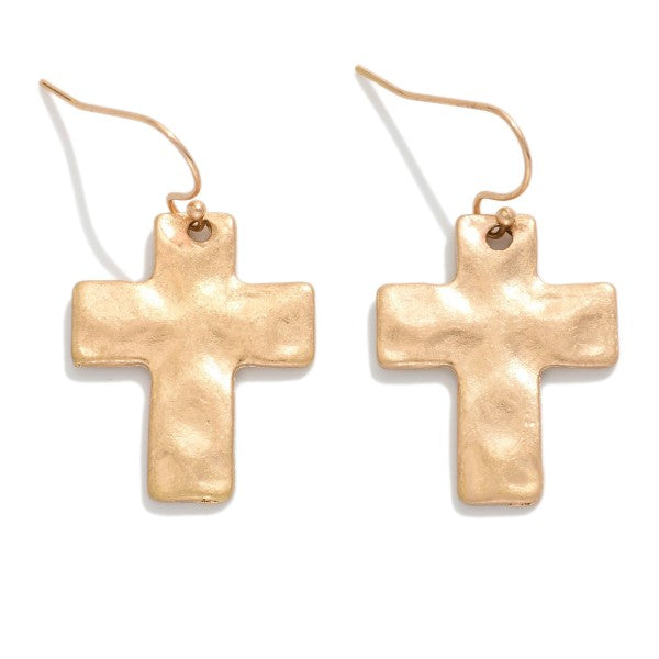 Hammered Metal Cross Drop Earrings Worn Gold