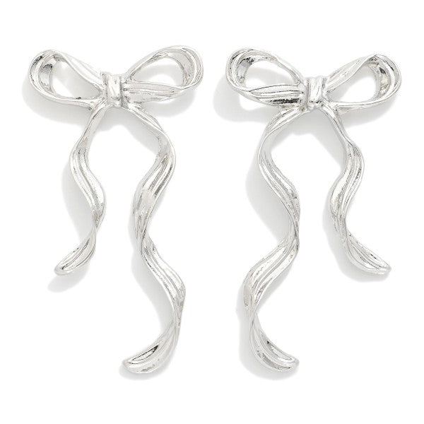 Textured Metal Long Bow Earrings Silver