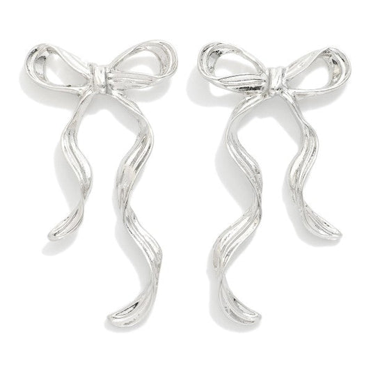 Textured Metal Long Bow Earrings Silver