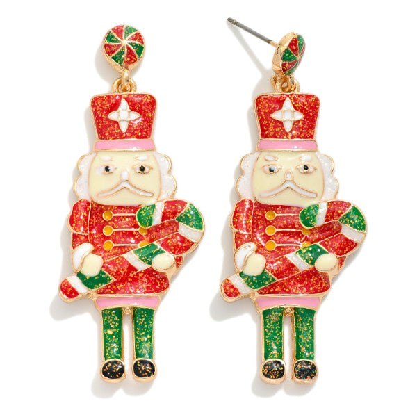 Glitter Enamel Nutcracker Post Drop Earrings Red