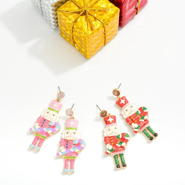 Glitter Enamel Nutcracker Post Drop Earrings Red