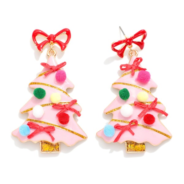 Painted Metal Bow Christmas Tree Post Drop Earrings Featuring Pom Details Pink