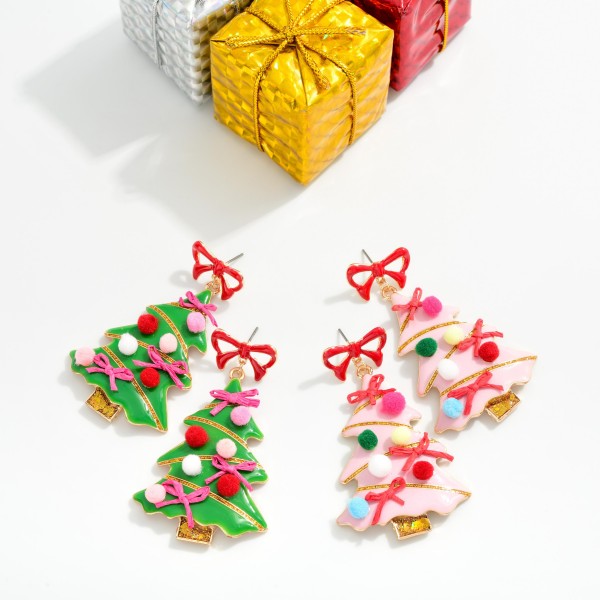 Painted Metal Bow Christmas Tree Post Drop Earrings Featuring Pom Details Pink
