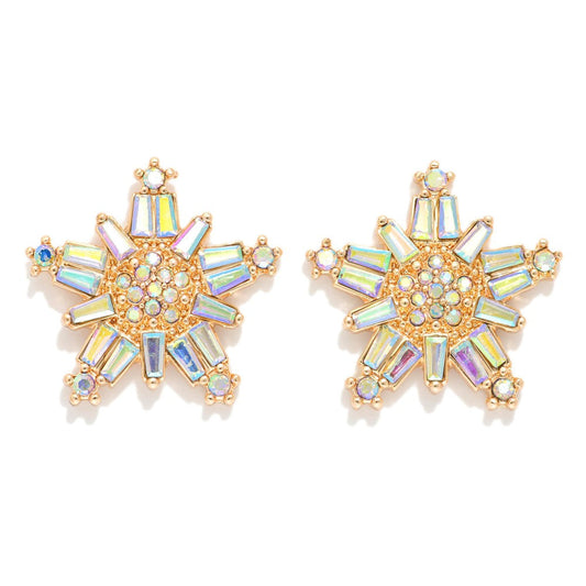 Metal Tone Rhinestone Encrusted Metal Snowflake Post Drop Earrings