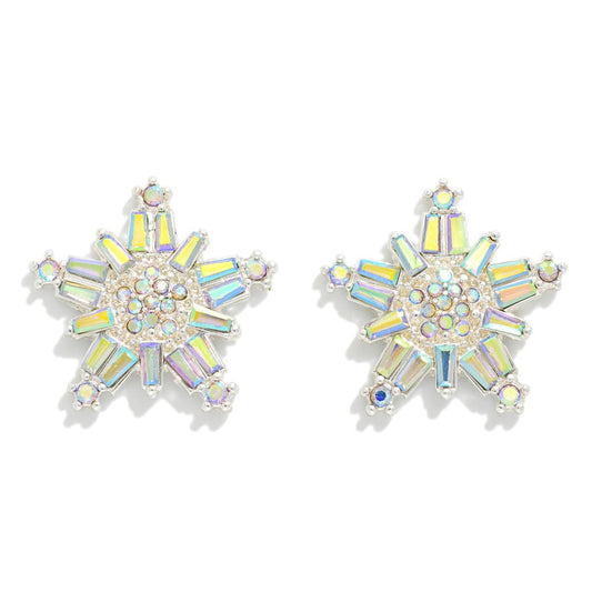 Metal Tone Rhinestone Encrusted Metal Snowflake Post Drop Earrings
