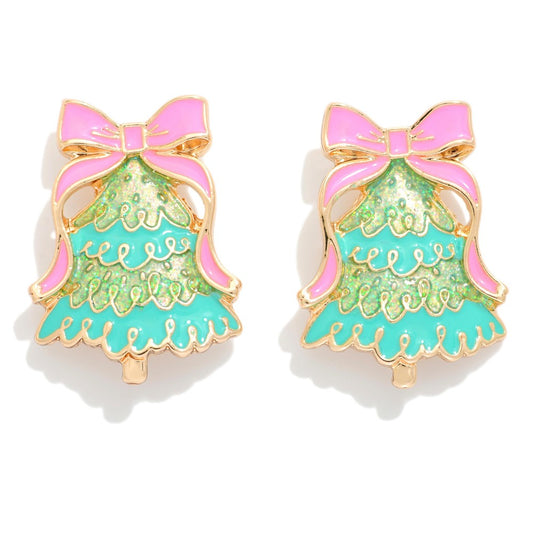 Enamel Metal Christmas Tree Post Drop Earrings Featuring Glitter Accents