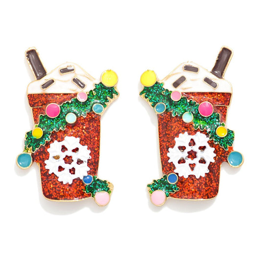 Glitter Enamel Christmas Hot Chocolate Post Drop Earrings