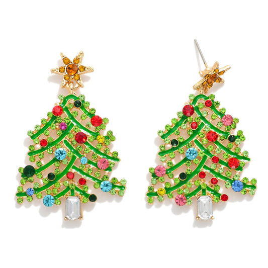 Enamel & Rhinestone Christmas Tree Post Drop Earrings